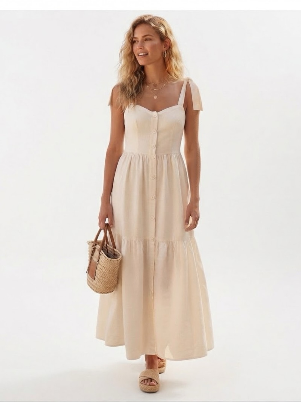 Urban Outfitters Positano Tie-Shoulder Midi Dress Cream Button Front XS